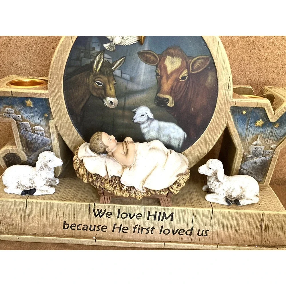 Advent Candle Holder Baby Jesus Barn Farm Animals 9